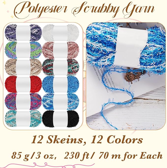 Amylove 12 Skeins Scrubby Yarn 230 Ft/ 76.7 Yard, 3 oz Assorted Colors Scrubby Stripes Polyester Scrub Yarn for Knitting Weaving Crochet Craft Project