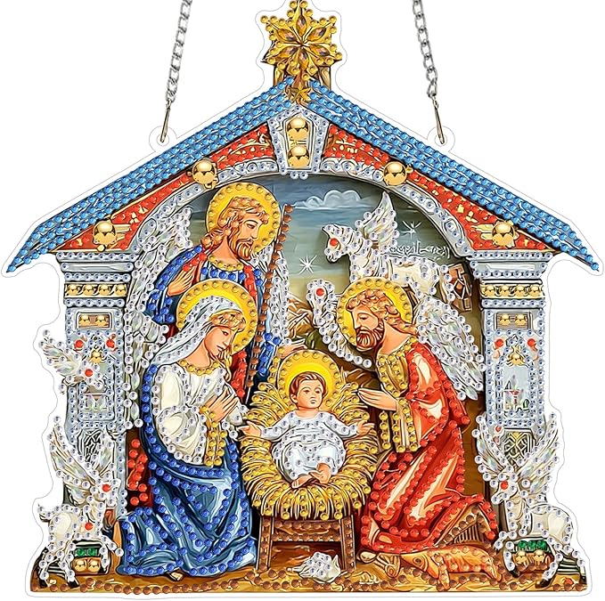 MXJSUA Diamond Art Hanging Kits for Adults Beginners, DIY Acrylic 5D Special Shaped Crystal Diamond Gem Art Painting Hanging Ornament for Home Wall Decor and Gift (Nativity Holy Family)
