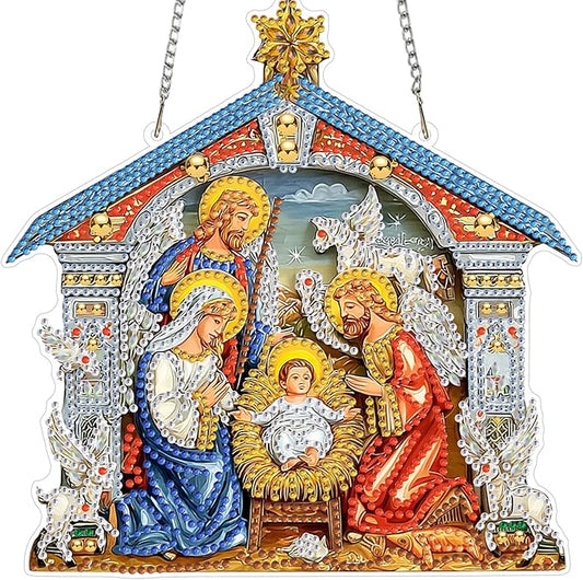 MXJSUA Diamond Art Hanging Kits for Adults Beginners, DIY Acrylic 5D Special Shaped Crystal Diamond Gem Art Painting Hanging Ornament for Home Wall Decor and Gift (Nativity Holy Family)