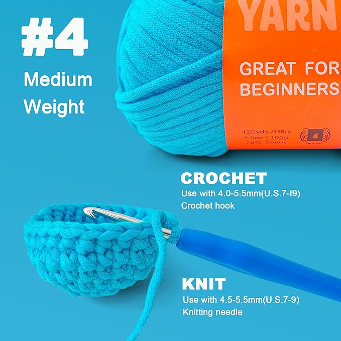 3.5Oz/120yds Beginner Easy Yarn for Crocheting and Knitting;Worsted-Weight Medium #4;Cotton Blend Yarn for Beginners Amigurumi DIY(Blushing Blue,1 Skein)