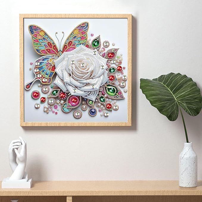 5D Special Shape Diamond Art Kits for Beginners, Diamond Painting Kits for Adults, Crystal Rhinestones Diamond Painting for Home Wall Decoration Gift 12×12 inch/30×30 cm, Butterfly and White Rose