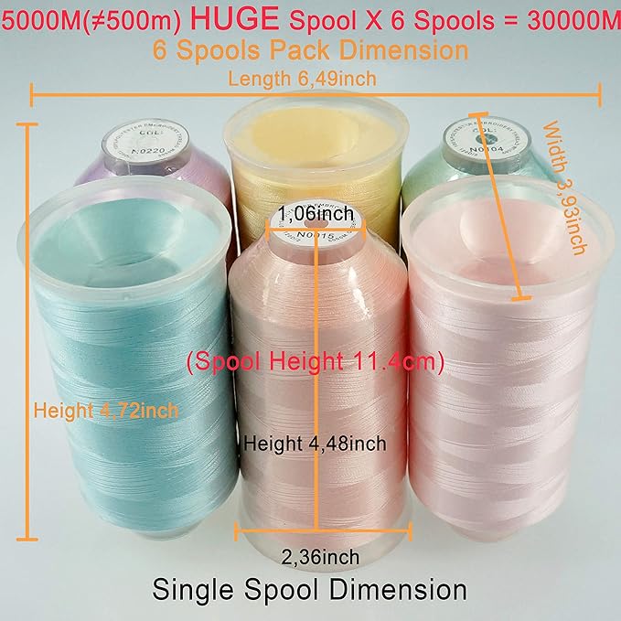 New brothreads - 40 Options- Various Assorted Color Packs of Polyester Embroidery Machine Thread Huge Spool 5000M for All Embroidery Machines -6xPastel Colors 2