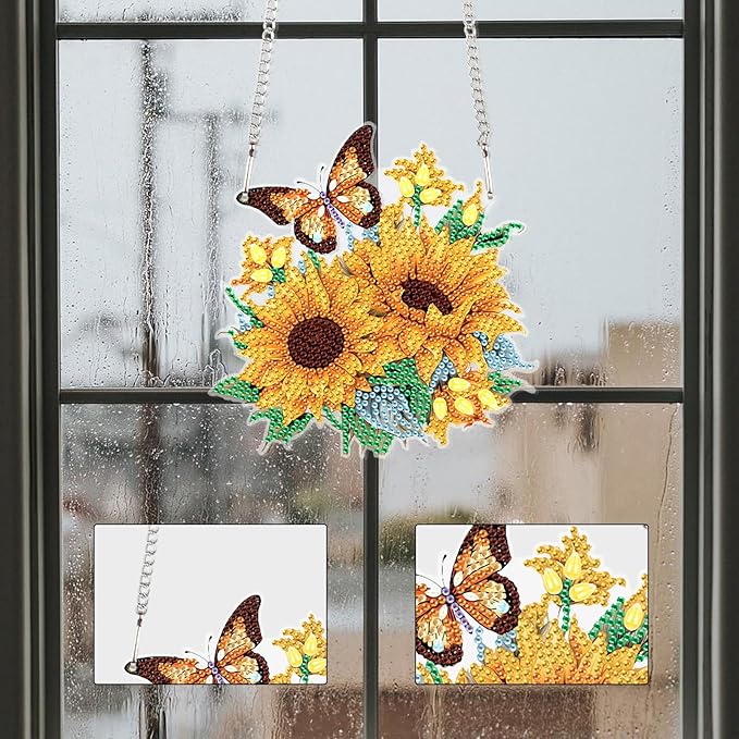 AiYuanzsh Sunflower Butterfly Diamond Painting Hanging Ornament Kit – DIY 5D Crystal Art Suncatcher for Home Wall Window Decoration, Handmade Craft Gift for Adults