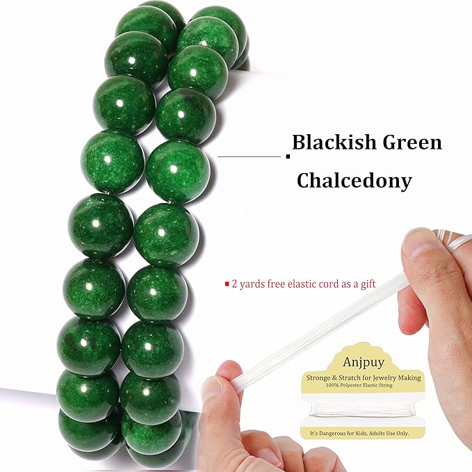 6mm Natural Blackish Green Chalcedony Round Bead - 60PCS Bulk Gemstone Beads for Jewelry Making, DIY Bracelets, Necklaces - Includes Crystal Stretch Cord - Stone Beads for Crafting Gifts