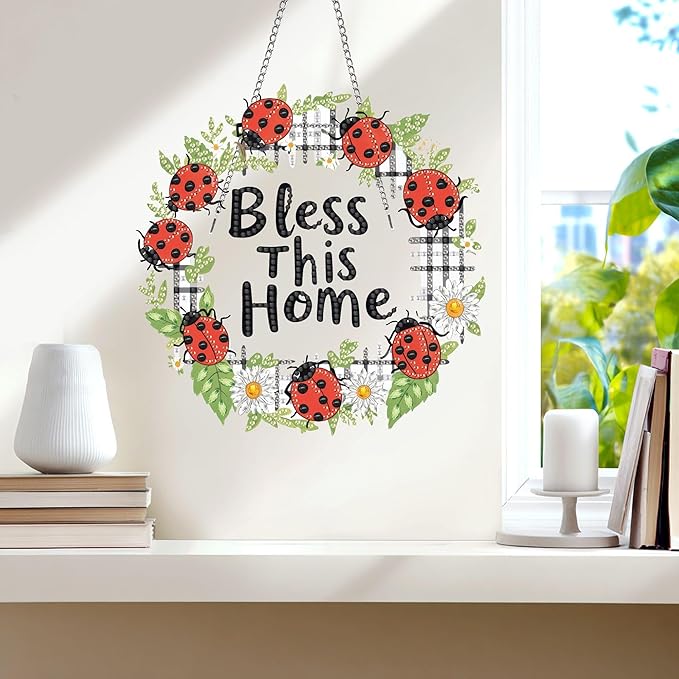 Wergund 5D DIY Bless Diamond Art Hanging Kits, Hanging Diamond Art Flower, Acrylic Special Shaped Rhinestone, Window Hanging Pendants for Home Wall Garden Front Door Outdoor Decor Gift(Bless)