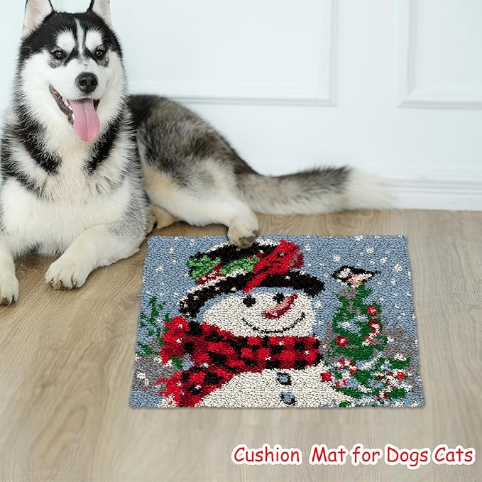 ZFFLYH Christmas Snowman Latch Hook Rug Kits, DIY Rug Crochet Yarn Kits Printed Color Canvas Christmas Decoration and Activity 20.5X15 Inch