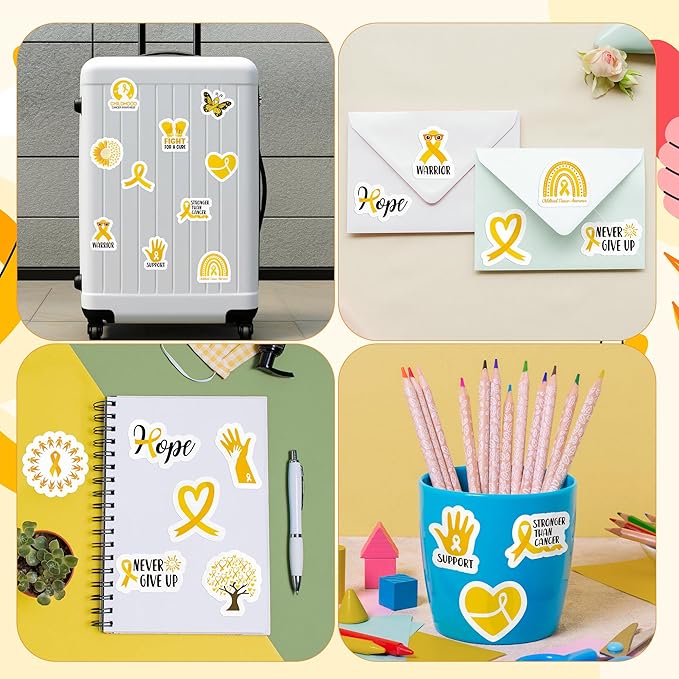 beyumi childhood cancer awareness sticker - 1000pcs pediatric cancer awareness stickers in 2 rolls waterproof vinyl gold ribbon decals school event campaign laptop bottle luggage decor for kids teens