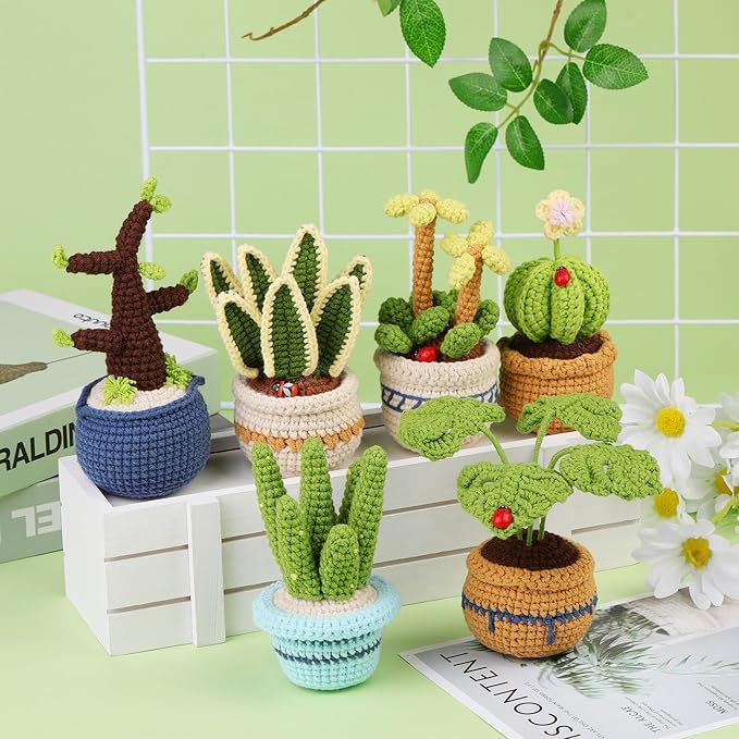 Hssugi Crochet Kit for Beginners, 6PCS Succulents Plants Crochet Kits, Knitting Kit with Step-by-Step Video Tutorials, Crochet Yarn DIY Beginner Crochet Kit for Adults Succulent Family