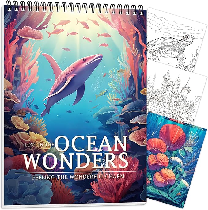 Ocean Coloring Book for Adult Spiral Bound, Adult Coloring Books for Women Relaxation, 30 Pages Thick Paper One Sided Design, Mindfulness Coloring Book, Anxiety Relief Mindfulness Gifts