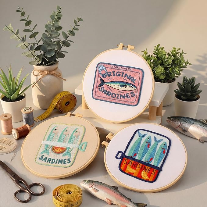 Mindsoft 3 Sets Sardine Embroidery Kit with Embroidery Hoop Easy Pattern Needlepoint Kit for Beginners and Adults Hand Crafts Needlepoint Set with Needles Thread and Instruction