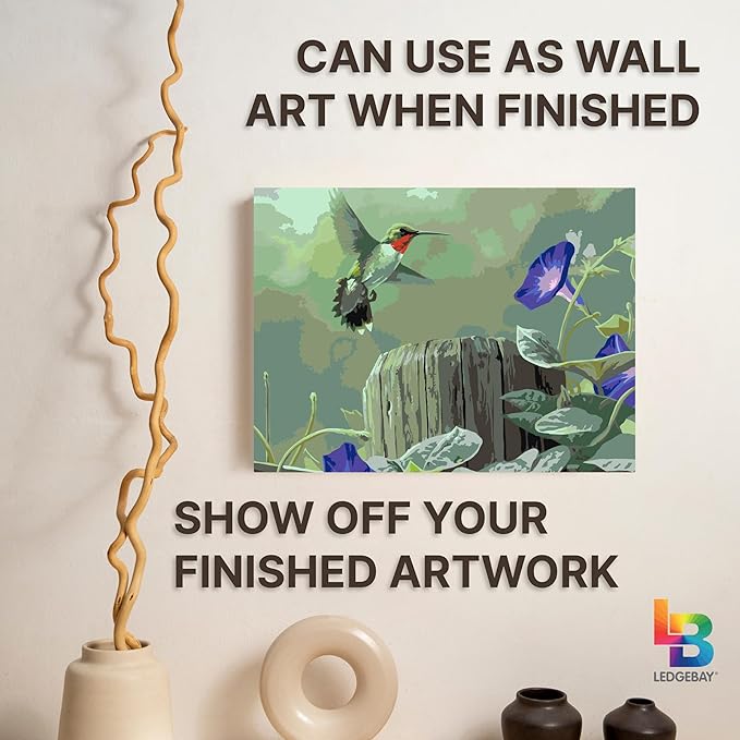 Ledgebay DIY Paint by Numbers Kit for Adults Framed Canvas Beginner to Advanced Paint by Numbers Kit, Kits Include Acrylic Paint Set, Brushes & Tabletop Easel (Hummingbird 12" x 16" Framed)