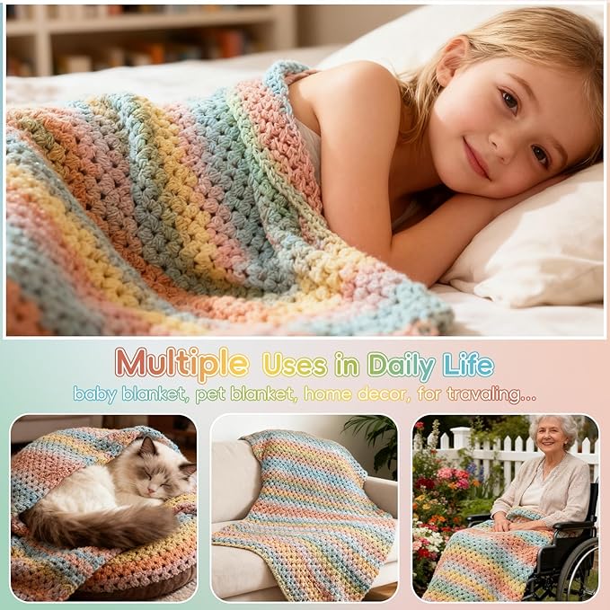 Aeelike Blanket Crochet Kit for Beginners, Super Easy Crochet Blanket Kit with Soft & Colorful Gradient Yarns Detailed Video Tutorials Crocheting Accessories, Classical Gradient & Ideal Gift