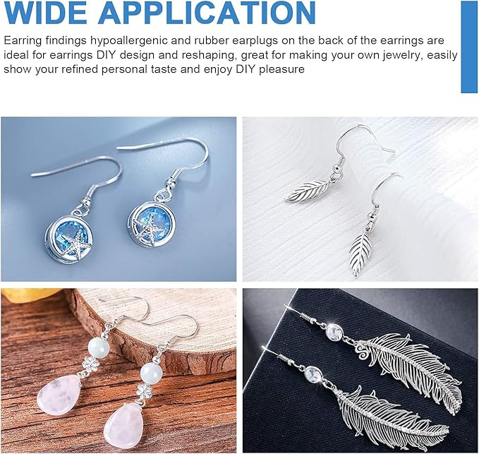 925 sterling silver earring hooks 120 pcs/60 pairs, ear wires fish hooks, hypo-allergenic jewelry findings parts with 120 pcs clear silicone earring backs