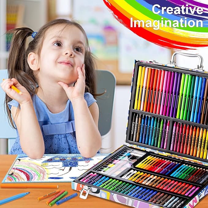 Art Supplies, 180 Pack Drawing Painting Set for Kids Girls Boys Teens, Coloring Art Kit Gift Case with Clipboard, Coloring Papers, Oil Pastels, Crayons, Colored Pencils, Watercolor Cakes, Markers