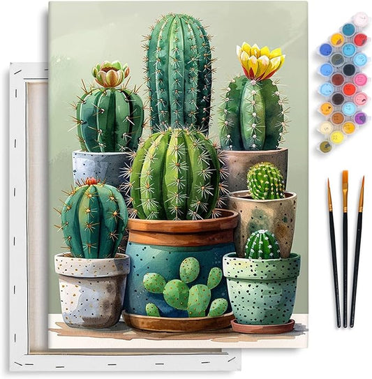 Yezavesu Cactus Framed Paint by Numbers Kit for Adults Beginner, 12x16 Inch Cactus Paint by Numbers with Frame, DIY Number Painting for Adults Plant for Home Wall Decor Gift