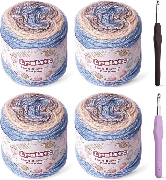Ombre Yarn for Crocheting - 4x100g Soft 60% Cotton 40% Acrylic Yarn - 962 Yds Gradient Cake Yarns for Knitting Shawls Blankets Sweater with 2 Crochet Hooks (4, Khaki Gradient)
