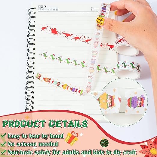Christmas Dinosaur Washi Tape - 12 Rolls Dinosaur Footprints Christmas Trees Designs, Free Adhesive for Gift Wrapping, Scrapbook, Photo Albums, Journal Decor & DIY Projects