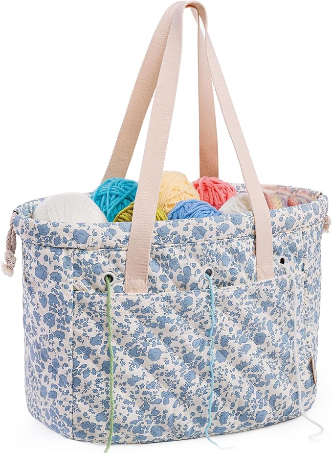 MYBAGZING Portable Crochet Bag Organizer with Crochet Hook Organizer Roll, Quilted Yarn Storage Tote with Grommets, Knitting Project Bag for Yarn & Accessories, Floral Craft Tote Gift for Crocheters