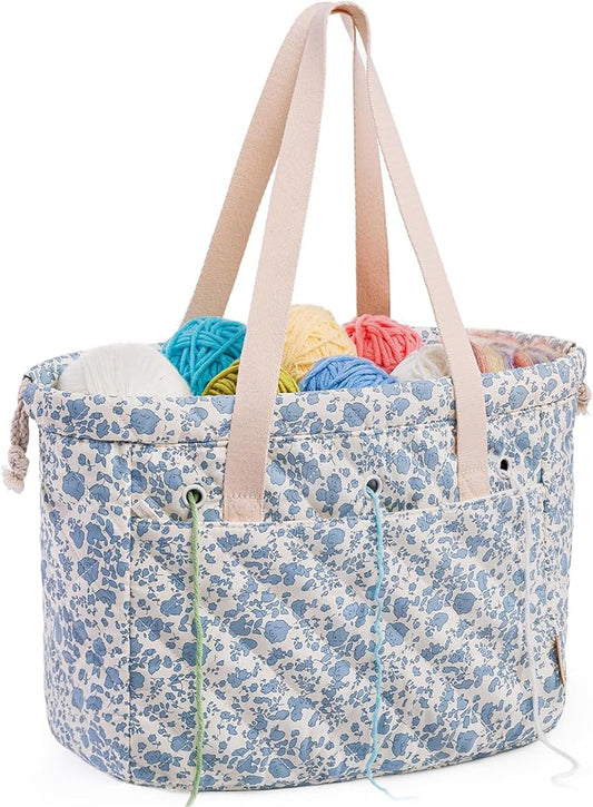 MYBAGZING Portable Crochet Bag Organizer with Crochet Hook Organizer Roll, Quilted Yarn Storage Tote with Grommets, Knitting Project Bag for Yarn & Accessories, Floral Craft Tote Gift for Crocheters