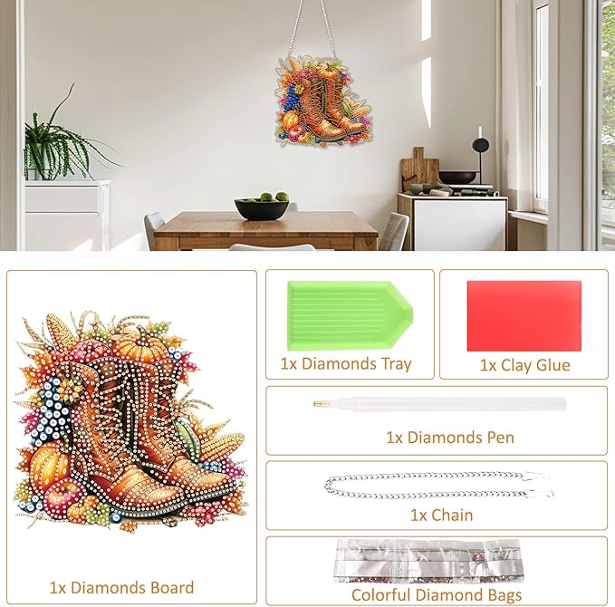 SENQAO Boots Diamond Art Hanging Kits for Adults Kids, Acrylic Diamonds Painting Pendant Board Kit Thanksgiving, Diamond Art Painting Window Pendants Home Garden Wall Hanging Kits Hanging Ornament