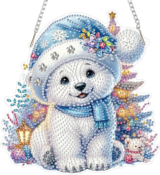 SENQAO Bear Diamond Art Hanging Kits for Adults Kids, Christmas Diamond Art Suncatchers, 5D Special Shape Diamond Painting Pendant Window Ornament Gifts for Home Garden Door Wall Decor