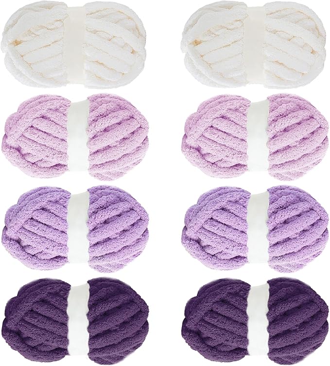 MABOZOO Assorted Chunky Yarn for Crocheting - 8 Pack Fluffy Jumbo Chenille, Soft Plush, Giant Thick Fuzzy Yarn - Purple Multi (31.7 yds, 8 oz Each Skein)