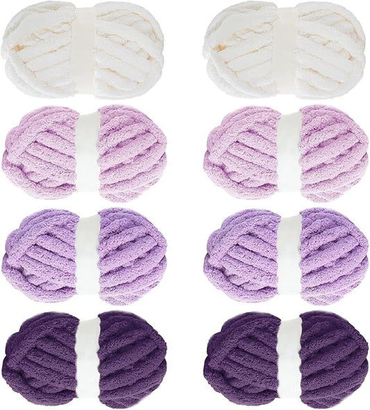 MABOZOO Assorted Chunky Yarn for Crocheting - 8 Pack Fluffy Jumbo Chenille, Soft Plush, Giant Thick Fuzzy Yarn - Purple Multi (31.7 yds, 8 oz Each Skein)