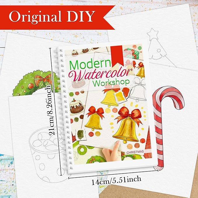Watercolor Workbook, Watercolor Workbook Paint Book Beginner Friendly, 12 Different Patterns Stress-Relieving Art Crafts for Creative Exploration Gift for Women Adults Teens (Christmas, 1)