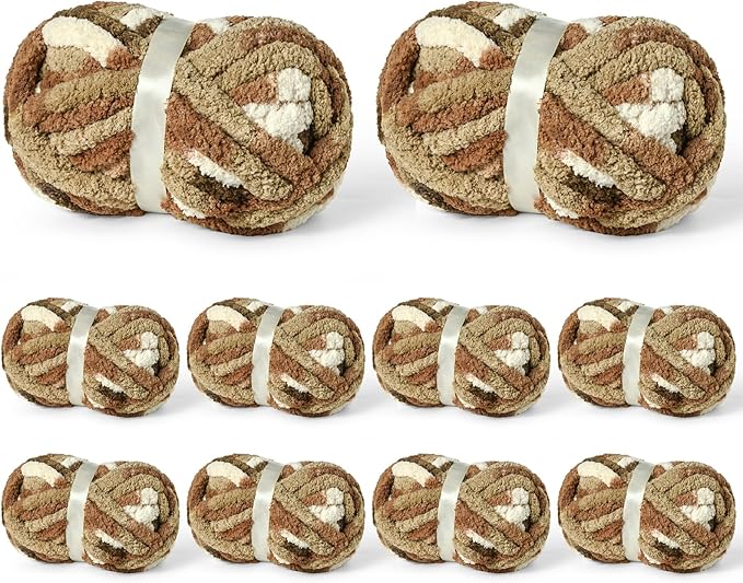 10 Pack Jumbo Chunky Yarn for Hand Knitting, Fluffy Variegated Chunky Chenille Yarn for Crocheting, 240yds/70.5oz Super Bulky Soft Crochet Baby Blanket Yarn(Cappuccino)