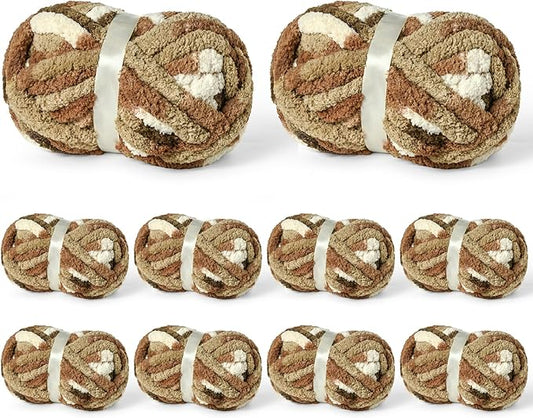 10 Pack Jumbo Chunky Yarn for Hand Knitting, Fluffy Variegated Chunky Chenille Yarn for Crocheting, 240yds/70.5oz Super Bulky Soft Crochet Baby Blanket Yarn(Cappuccino)