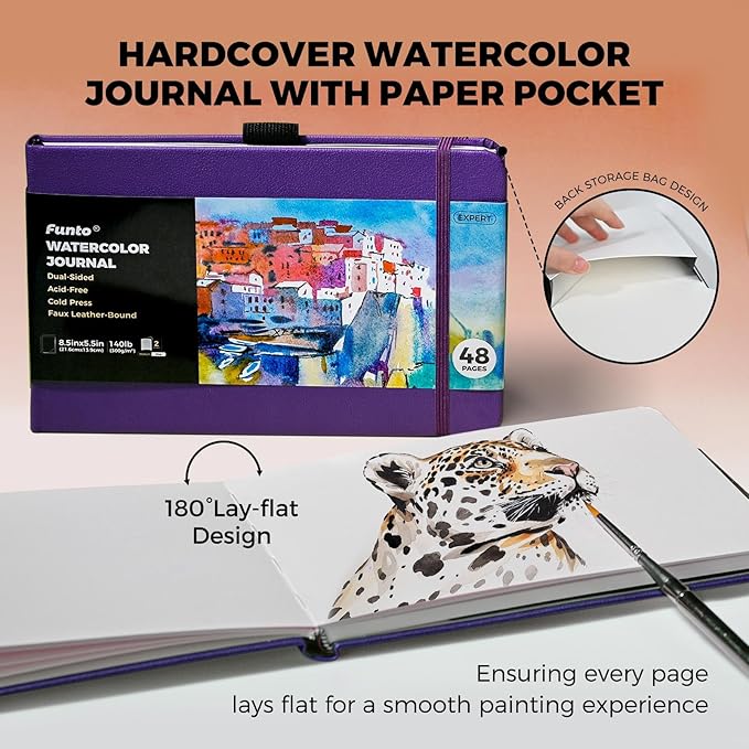 Funto Watercolor Journal, 8.5x5.5, 2 Pack, 48 Pages Each, Purple Leather Cover, Cold-Pressed, Inner Paper Pocket, Art Supplies for Mixed Media