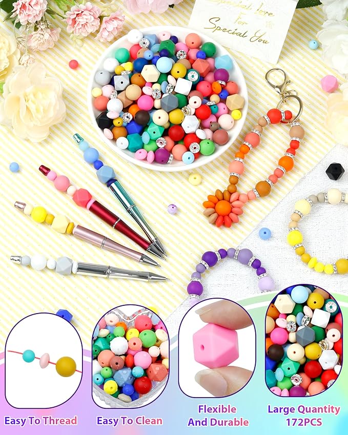 172PCS FIVEIZERO Silicone Beads for Keychain Making, 6 Mixed Colors Silicone Focal Beads Kit, 9mm & 15mm Round Lentil Hexagon Bead & Rhinestone Spacer Bead for Jewelry Making & Bracelets (Black)