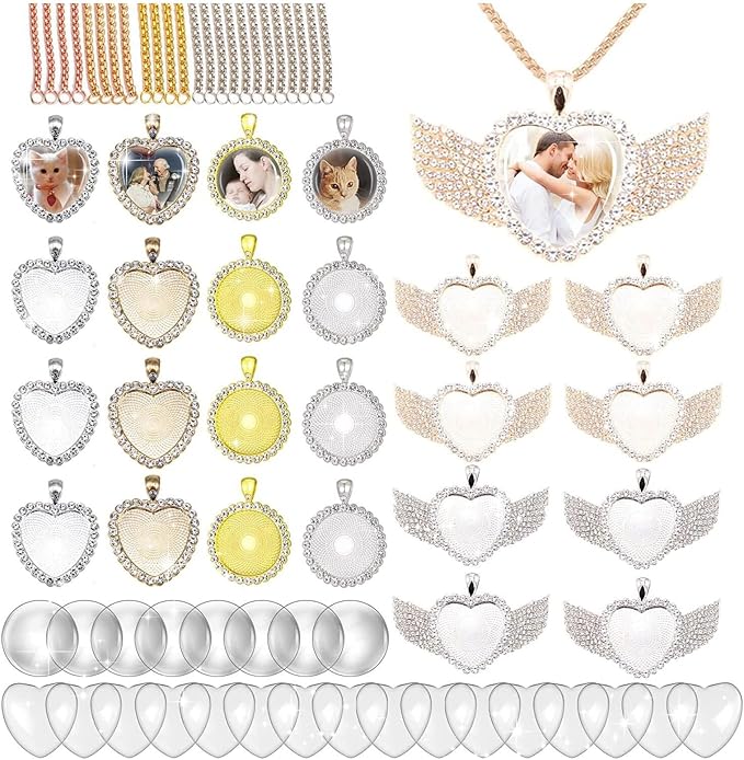 72 Pcs Rhinestone Bezel Wings Pendant Kit, 3 Styles Bezel Pendant Trays, Glod and Silver Sublimation Necklace Blank with Chain, Clear Glass Cabochons for Christmas Making Crafts Wedding Jewelry Gifts