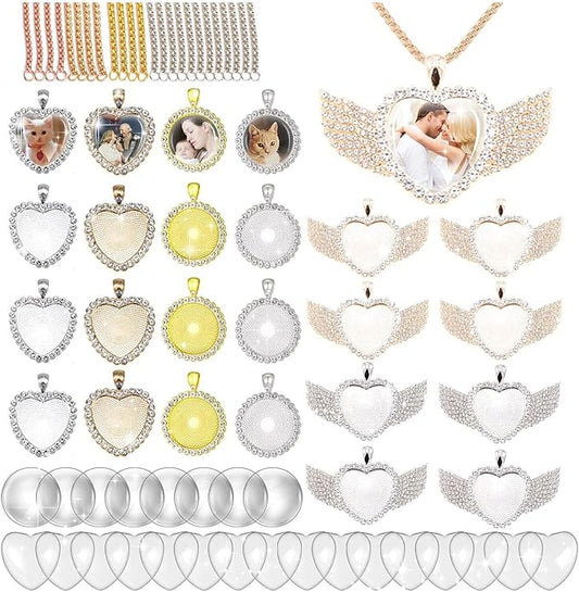 72 Pcs Rhinestone Bezel Wings Pendant Kit, 3 Styles Bezel Pendant Trays, Glod and Silver Sublimation Necklace Blank with Chain, Clear Glass Cabochons for Christmas Making Crafts Wedding Jewelry Gifts