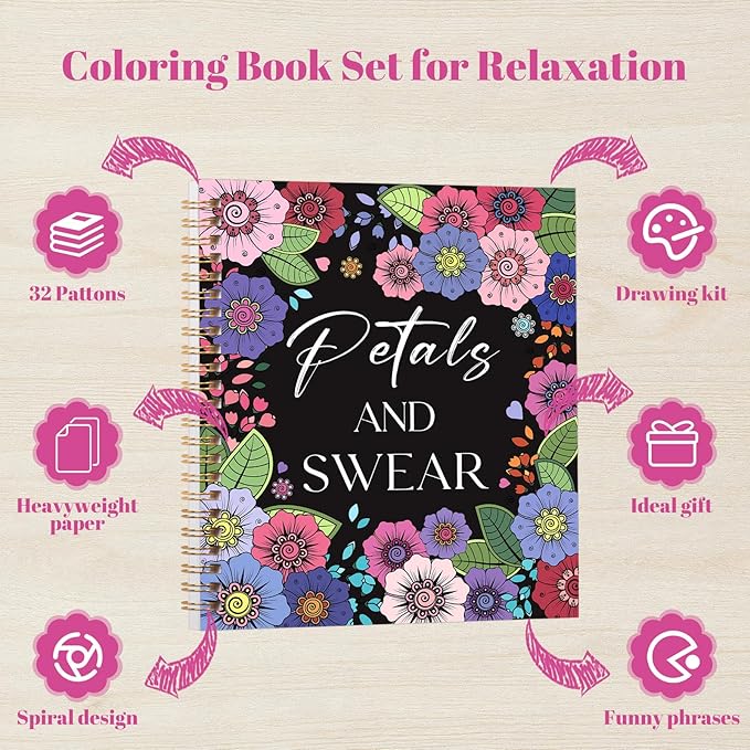 Adult Coloring Book Set for Relaxation, Spiral Bound Coloring Book for Women with 24 Colors Markers, Mindfulness Stress Relief 32 Patterns for Adults, Gift(7×8.2in)