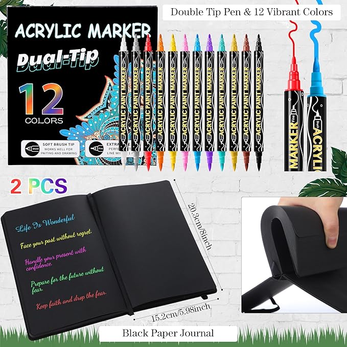 Thenshop 2 Pcs/200 Sheets Black Paper Sketchbook with 12 Metallic Marker Pens Set 6 x 8 in Black Writing Page Journal Notebook for Colored Gel Pens PU Hardcover Drawing Gifts