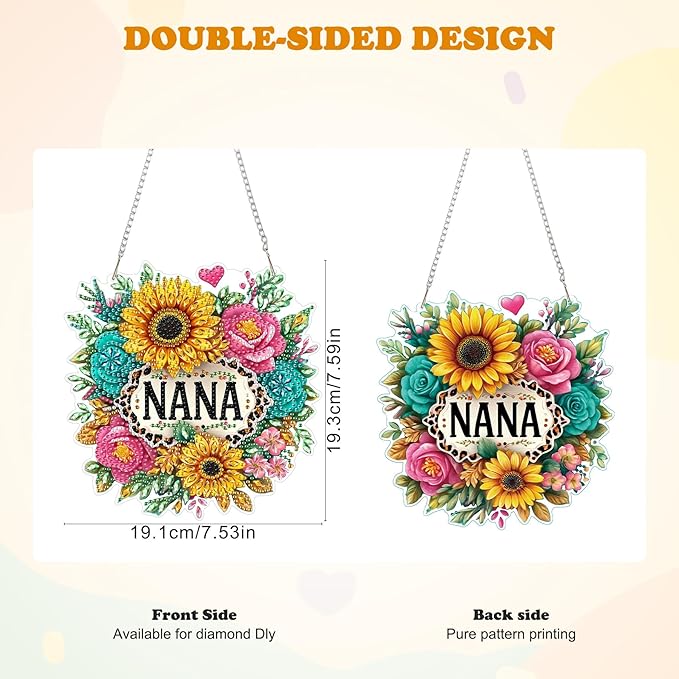 HEIBAGO Mother's Day Diamond Art Hanging Kits for Adults, Diamond Art Suncatchers Nana, 5D Special Shape Diamond Painting Pendant, DIY Window Ornament Gifts for Home Garden Door Wall Decor 8.3x8.3 in