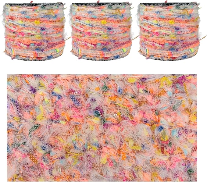 Artisanal Yarn Collection Multifiber Multicolored Fancy Yarn with Micro Silver Sequins for Knitting Crocheting Crafts DIY, Set of 3 Rolls (Neon Fireworks)