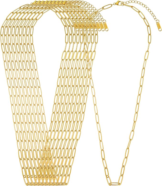 Swyabi 10 PCS Gold Plated Necklace Chains Bulk 18Inch Stainless Steel Paperclip Chain with Extender for Jewelry Making