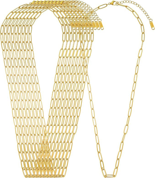 Swyabi 10 PCS Gold Plated Necklace Chains Bulk 18Inch Stainless Steel Paperclip Chain with Extender for Jewelry Making