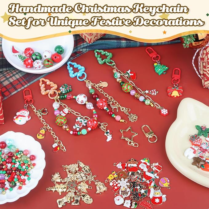 Ecoofor 251 Pcs Christmas Keychain Making Kit for Adults — Includes 20 Keychain Clips, 25 Extender Chains, 81 Charms, Beading Accessories, Jewelry Pliers — DIY Bag Charms & Jewelry Craft Kit