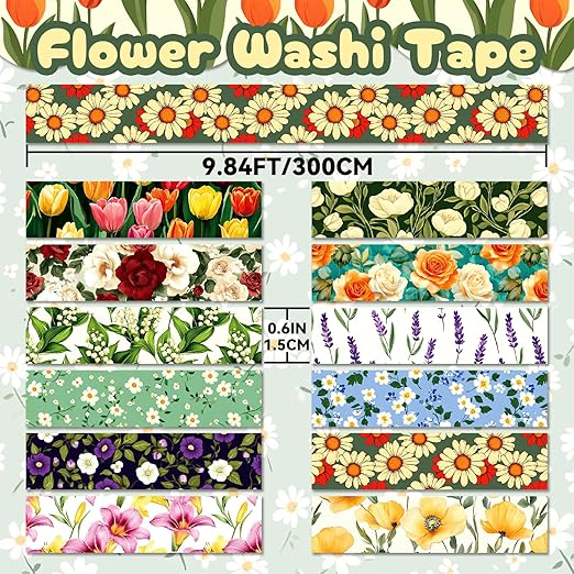 12 Rolls Flower Washi Tape Set, Colorful Floral Decorative Tape Vintage Botanical Masking Tape for Journaling Supplies, Junk Journal, Scrapbooking, DIY Arts & Crafts, Gift Wrapping