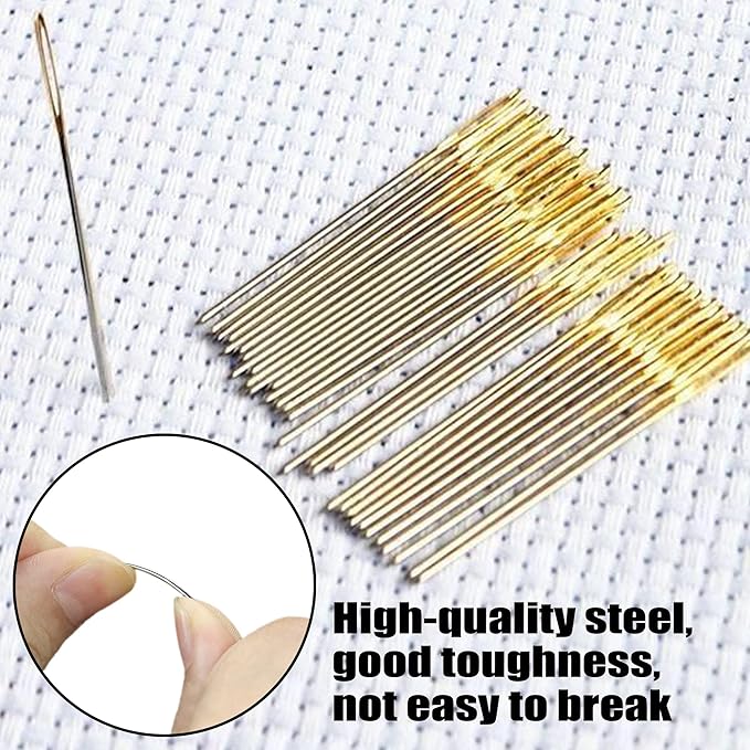 100pcs Cross Stitch Needles +2 Needle Threader Golden Color Large Eyes Cross Stitch DIY Embroidery Hand Needles Sewing Needles in Transparent Box (24#)