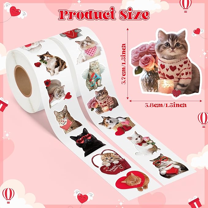 h1vojoxo valentine’s day sticker rolls - 1000pcs valentine’s day holiday cat stickers for kids classroom 16 design valentines cute cat sticker for craft valentines funny cats stickers for envelope