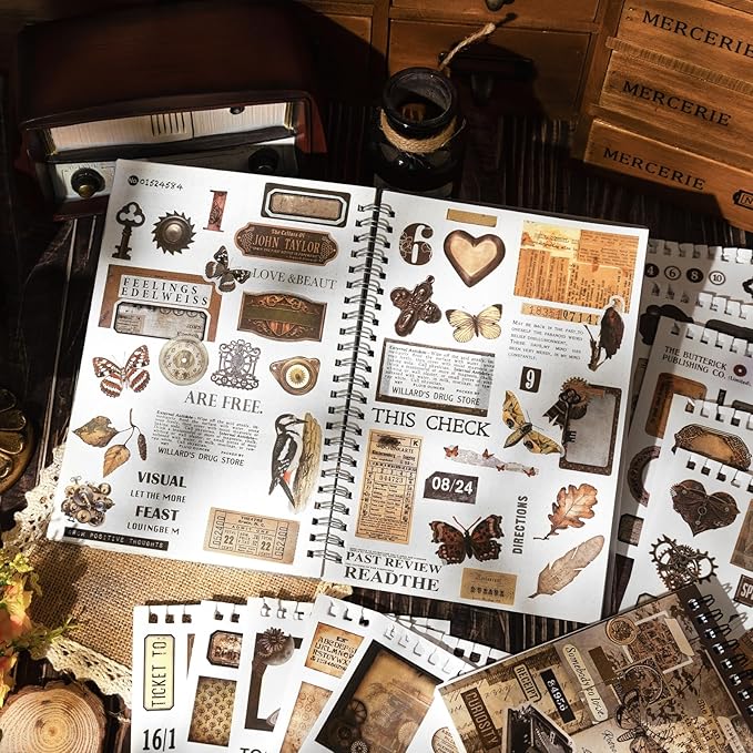 Pre-Cut Vintage Sticker for Journaling, 595PCS - 50 Sheets Washi Brown Scrapbooking Stickers, Ephemera for Junk Journal Supplies DIY Crafts Dark Academia Stickers for Adults