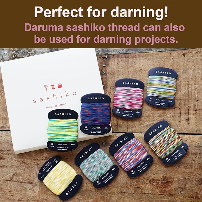 DARUMA Sashiko Thread 100% Cotton Card Type (43.7 yd) x 8 Colors with English Manual, Sewing & Embroidery Value Set with Gift Package (Thin, Kasuri)