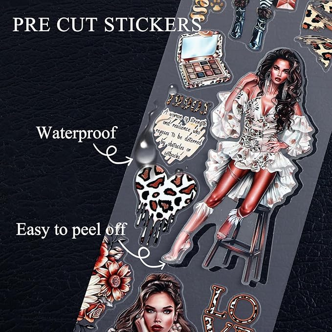 Dizdkizd Washi Tape Set, 4 Pre-Cut Animal Print PET & Washi Tapes Stickers with Diverse Sexy Women, Flowers, Adult Journaling Supplies for Collage Scrapbooks Craft Project