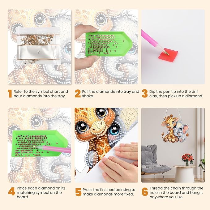 MXJSUA Diamond Art Hanging Kits for Adults Beginners, Giraffe and Elephant DIY Acrylic Special Shaped Crystal Diamond Gem Art Pendant Drills Painting Ornament for Home Wall Decor and Gift