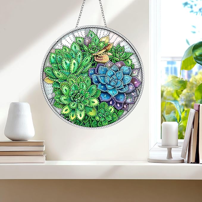 Wergund 5D DIY Succulent Diamond Art Hanging Kits, Hanging Diamond Art Plant, Acrylic Special Shaped Rhinestone, Window Hanging Pendants for Home Wall Garden Front Door Outdoor Decor Gift(Succulent)
