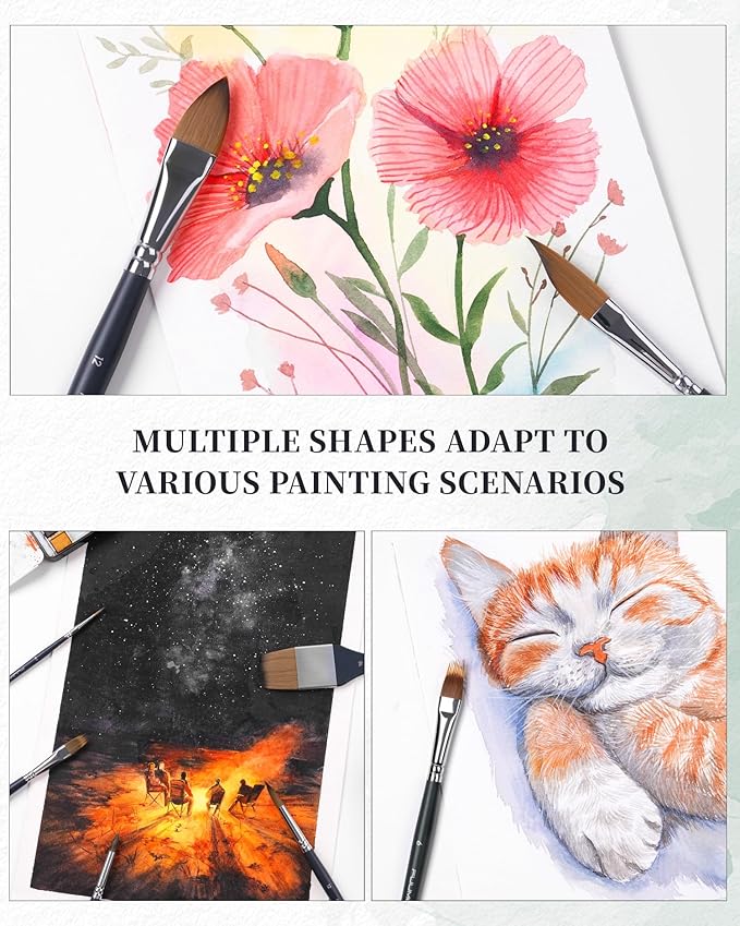 Fuumuui Watercolor Brushes, 10Pcs Professional Watercolor Paint Brush Set, Soft Synthetic Hair - Wide Flat, Dagger, Cat's Tongue, Extended Needle, Round, Grainer for Watercolor Gouache Inks Painting